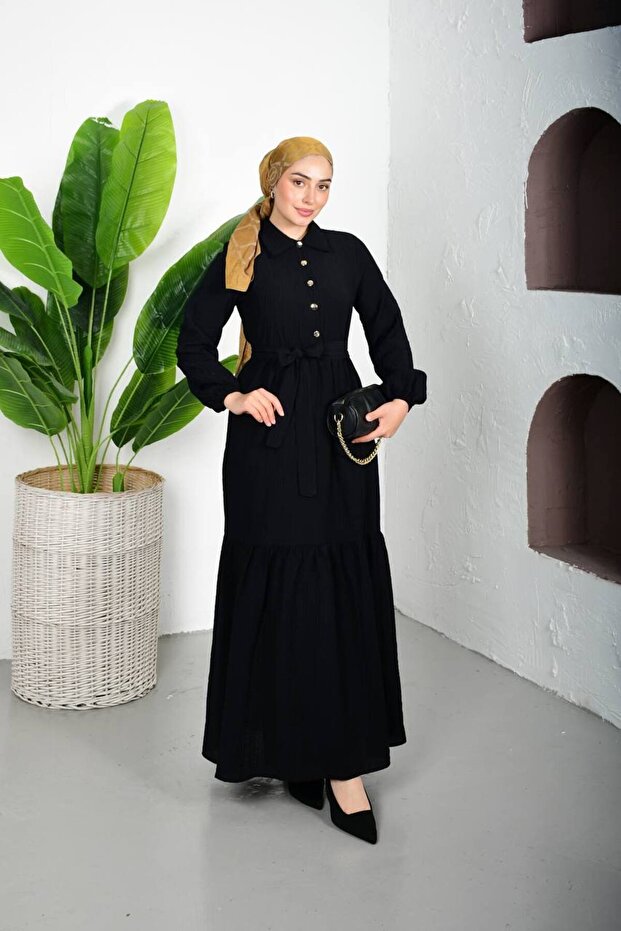 Belt Detailed Buttoned Black Hijab Dress