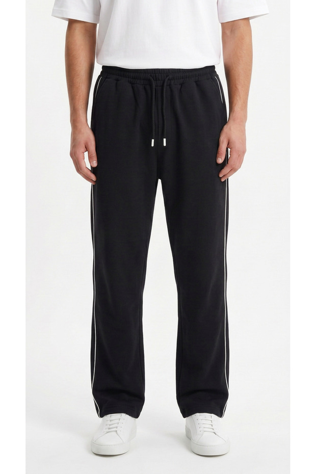Men's Black Wide Leg Baggy Sweatpants with Side Piping and Back Pocket Detail