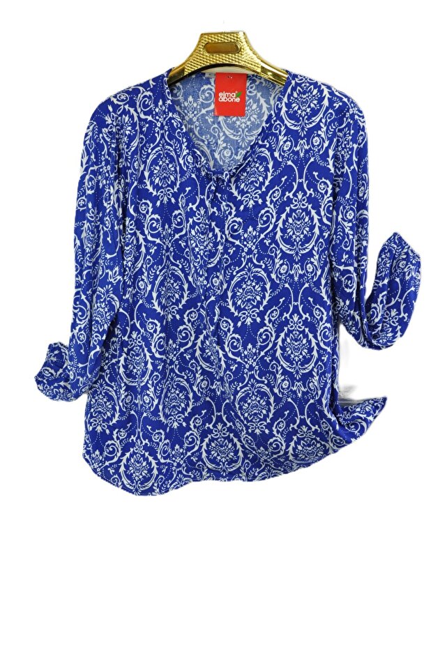 Plus Size Patterned Viscose Lace-Up Short Shirt Blouse