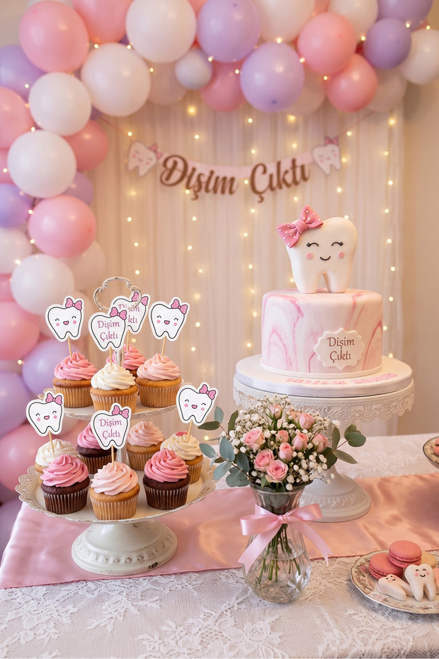 15Pcs Pink My First Tooth Came Out Tooth Wheat Girl Ornament Cupcake Pastry Toothpick 6-7cm Cupcake Toothpick