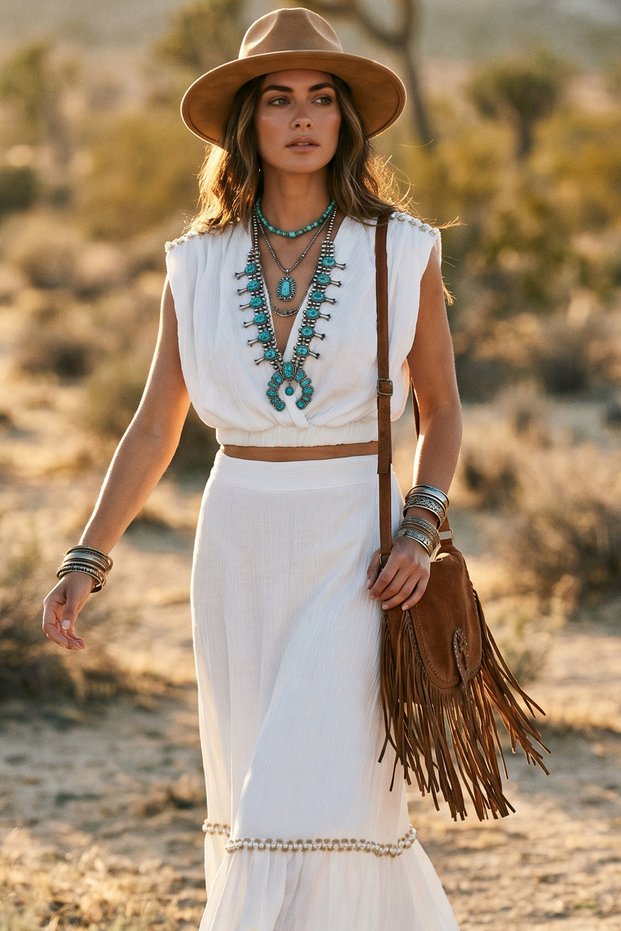 Pearl-Trimmed and Jute Ribbon Epaulette Sleeveless Bohemian Organic Textured Crinkle Fabric Skirt Lined Double Breasted V-Neck Crop Blouse Ruffled Long Boho Bohemian Holiday Chic Skirt Set Two-Piece Set