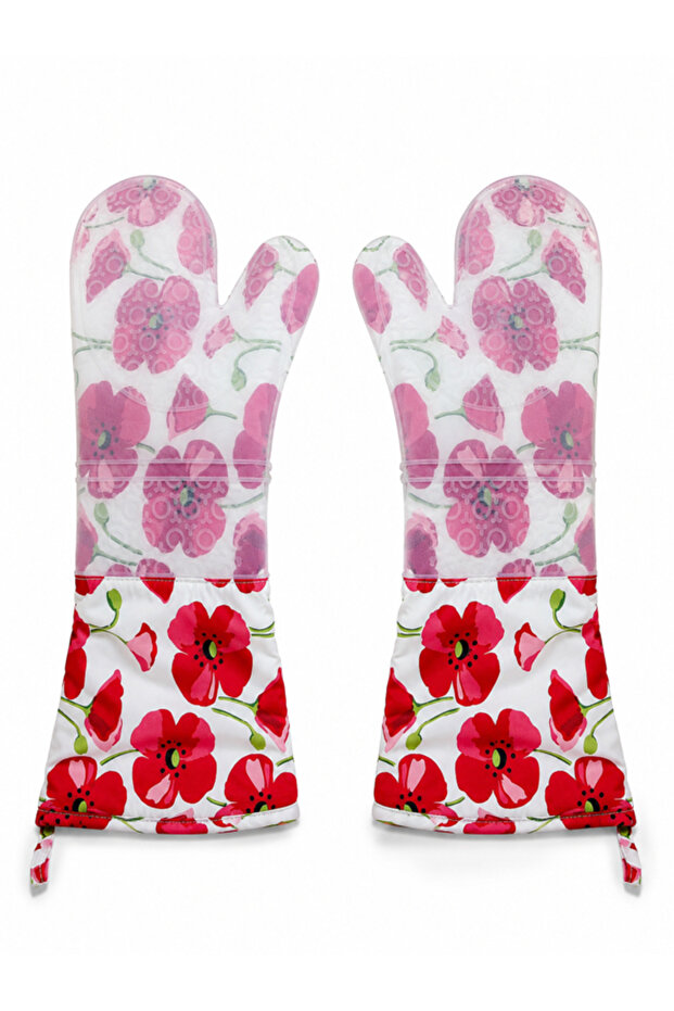 B&S Extra Long Professional Silicone Oven Mitts with Floral Design - Heat Resistant (2, Red, 50x18.5cm)
