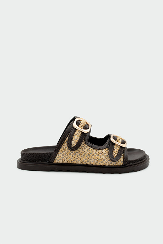 Mario Wicker Detailed Buckle Detailed Thick Bitter Brown Sole Slippers