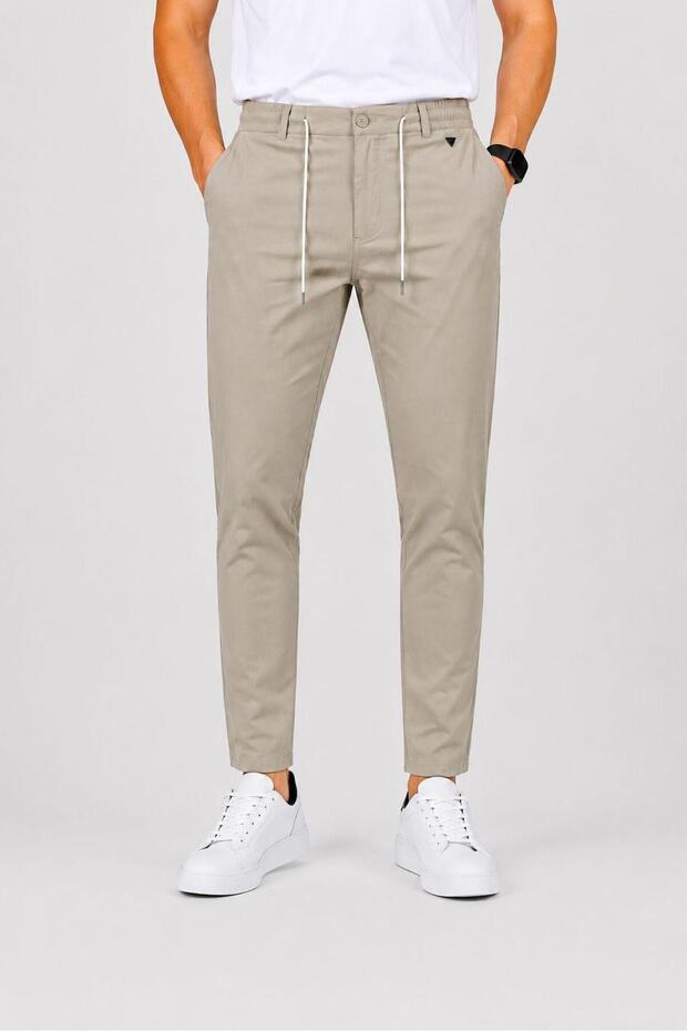Men's Lace-Up Elastic Jogger Chino Slim Fit Lycra Stretchy Trousers