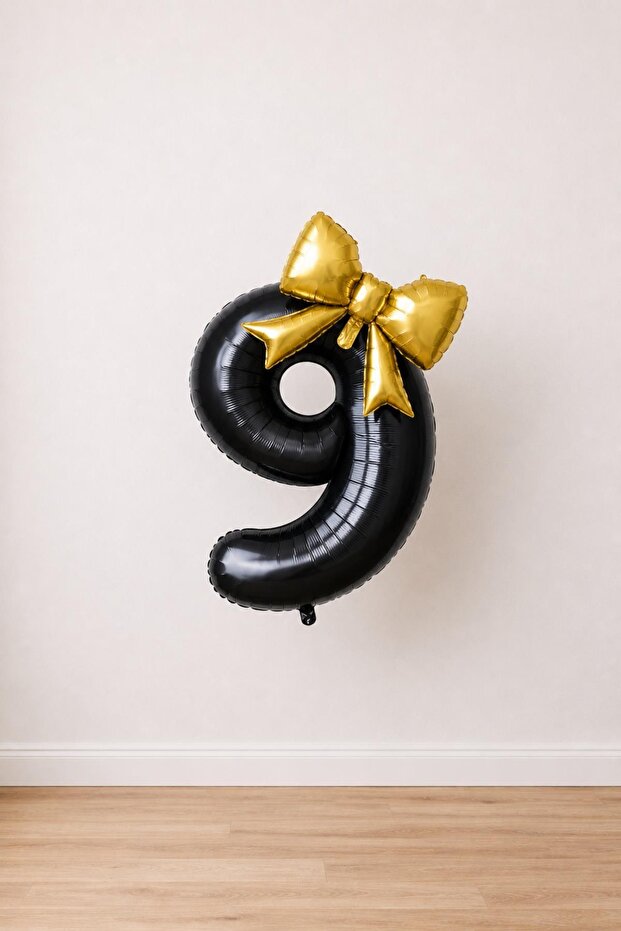 Gold Bow & Black 9 Number Foil Balloon Set
