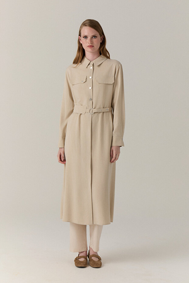Belted Double Pocket Shirt Collar Beige Tunic 1667
