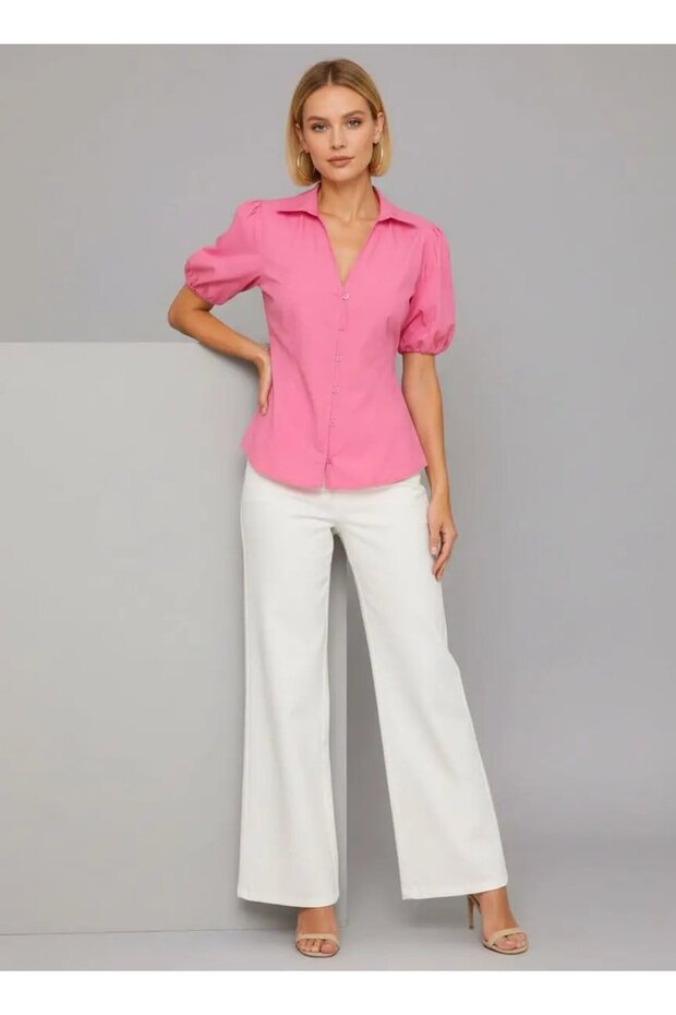 Women's V-Neck Button Detail Pencil Sleeve Elastic Woven Blouse 26062