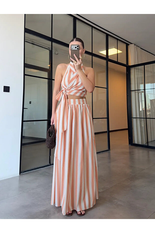 Orange Patterned Tie-Up Crop Skirt Set - 30447
