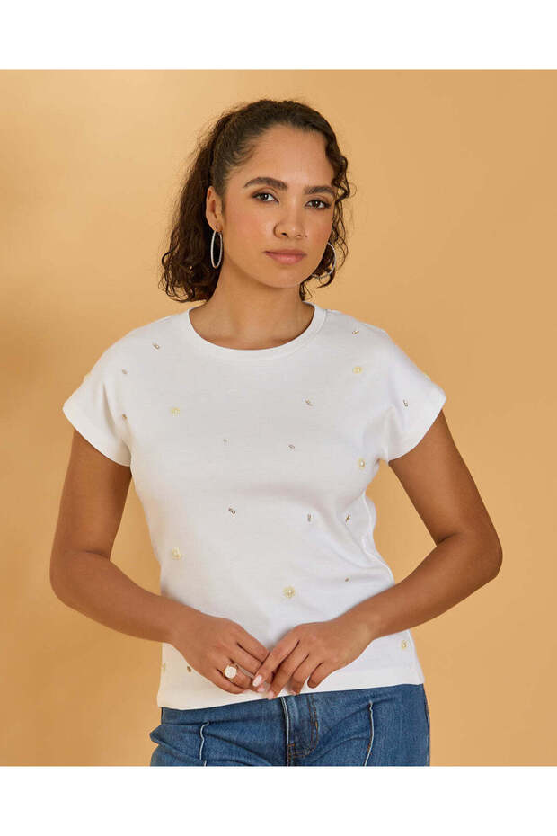 Women White Embellished T-Shirt