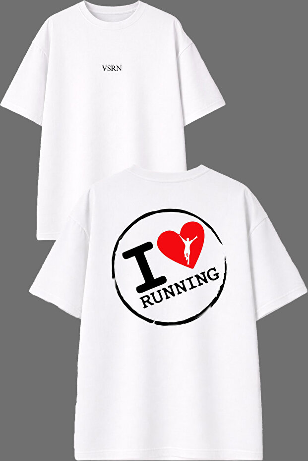 تي شيرت أبيض كبير الحجم مطبوع من الأمام والخلف بتصميم I Love Run
