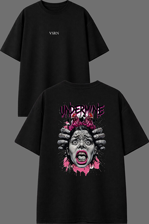 Horror Effect Design Front and Back Printed Black Oversize T-Shirt