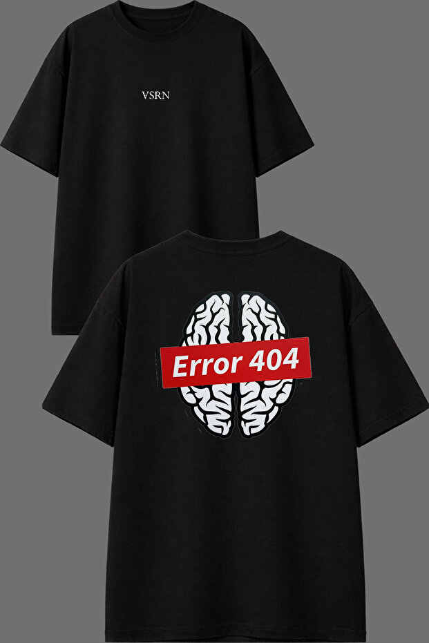 تي شيرت أسود كبير الحجم مطبوع من الأمام والخلف بتصميم Error 404