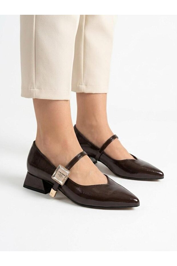 Women's Brown Thick Heel Comfortable Fit Heeled Ballerina Shoes