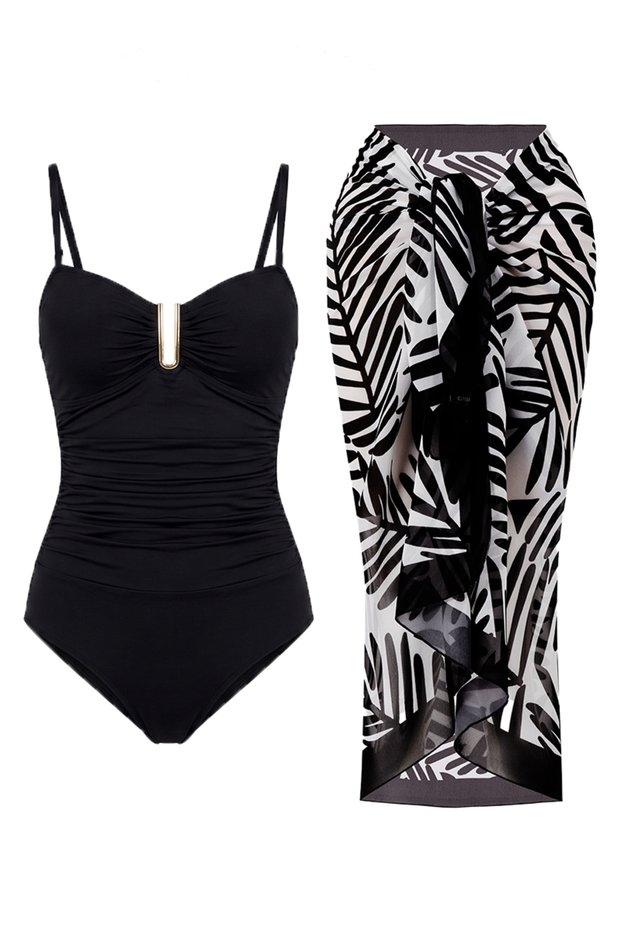 Women's Swimsuit with Gathering Accessories Black Leaf Pareo Set of 2 Stylish and Slimming Effect