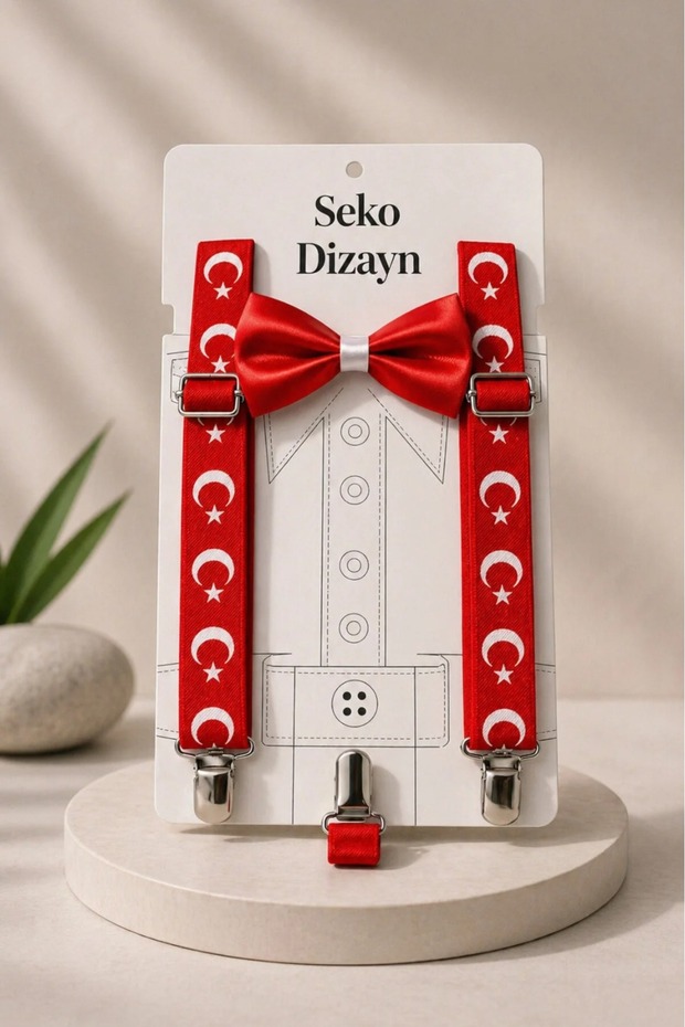 1-14 Years Old 23 April Ayyıldız Boy Adjustable Bow Tie Suspender Set
