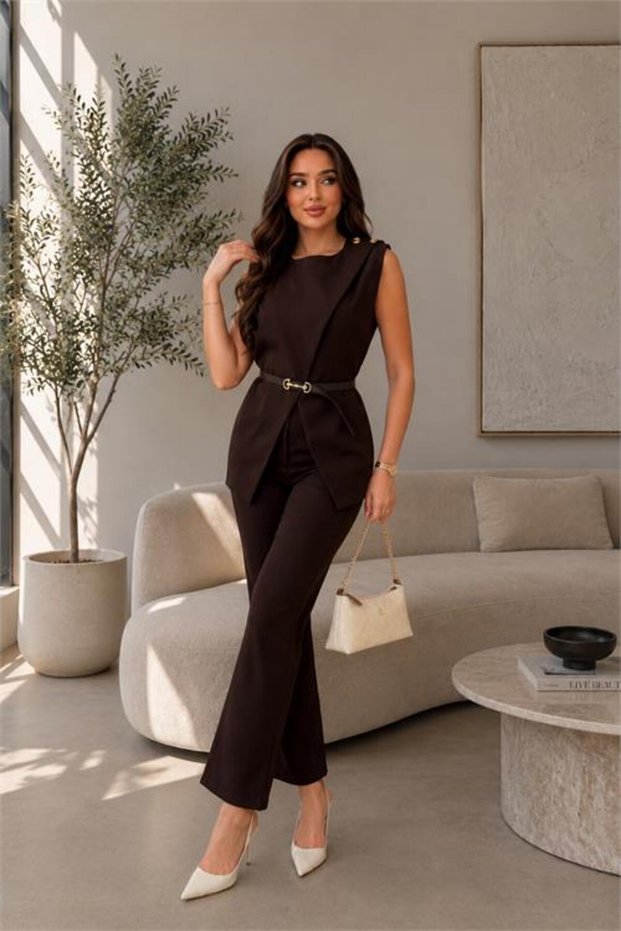 Women's Brown Belt Detailed Vest and Pants Two-Piece Set Nbstr4061