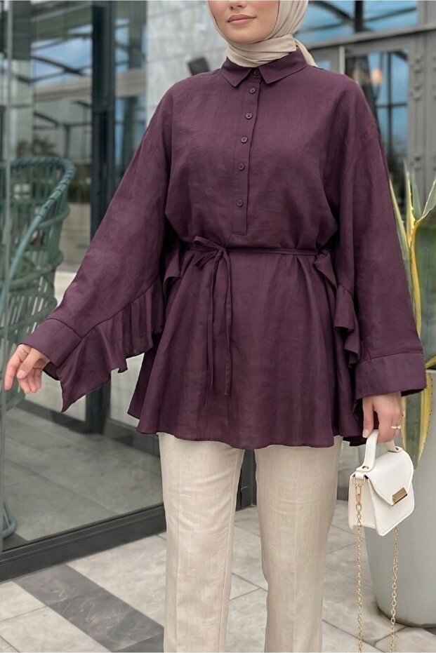 Buttoned Belted Bat Sleeve Flounce Oversize Modal Tunic - Plum