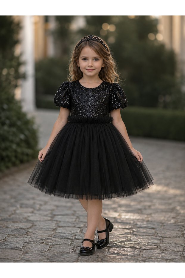 Girl's Sequined Tulle Princess Dress Balloon Sleeve Birthday Party Special Occasion Dress