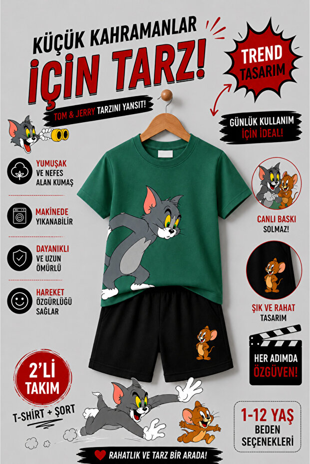 Tom & Jerry Printed Children's Set – T-Shirt & Shorts 2-Piece Combination | Trendy Summer Set for Ages 1-12
