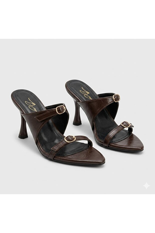 (White) Buckle Detailed Thin Strap Pointed Toe Goblet Heeled Women's Slippers Brown