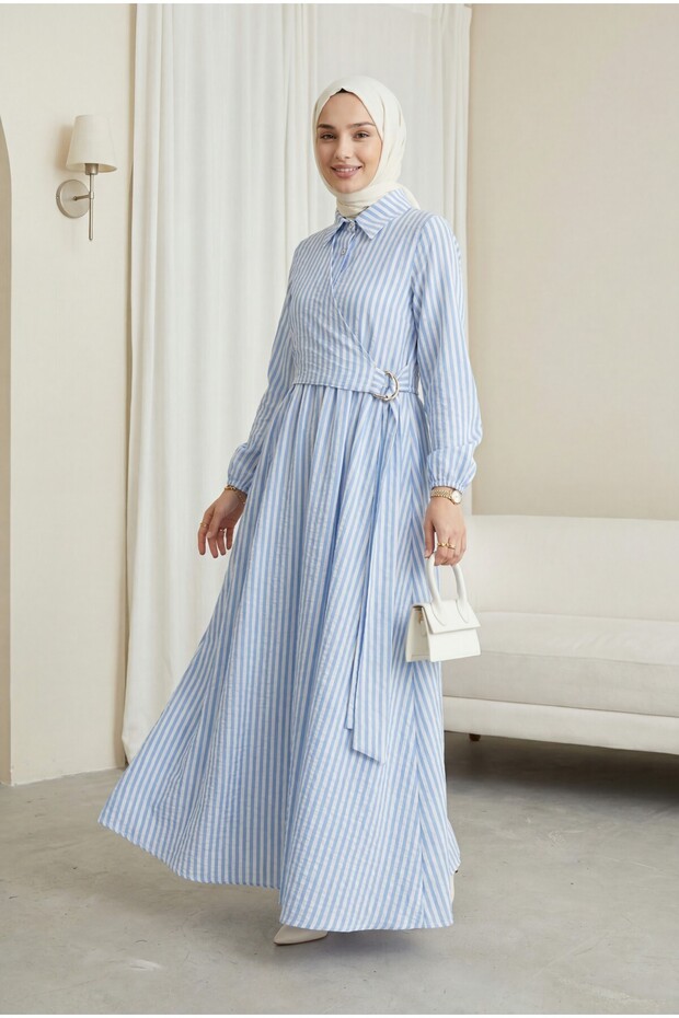 Striped Linen Dress with Shirt Collar, Half Buttons, Buckle Side Tie - Blue