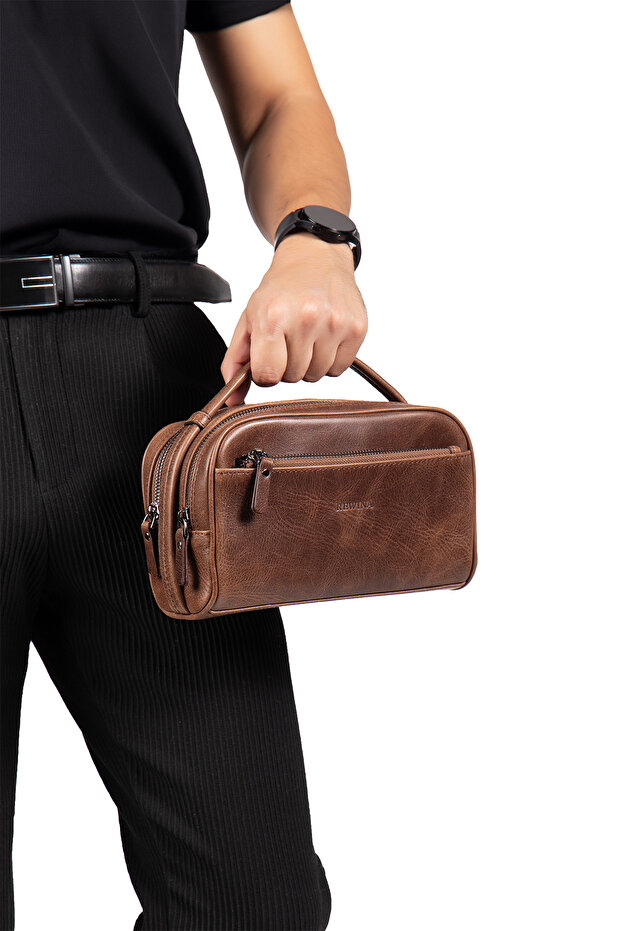 Acura Brown Genuine Leather Zippered Portfolio Handbag