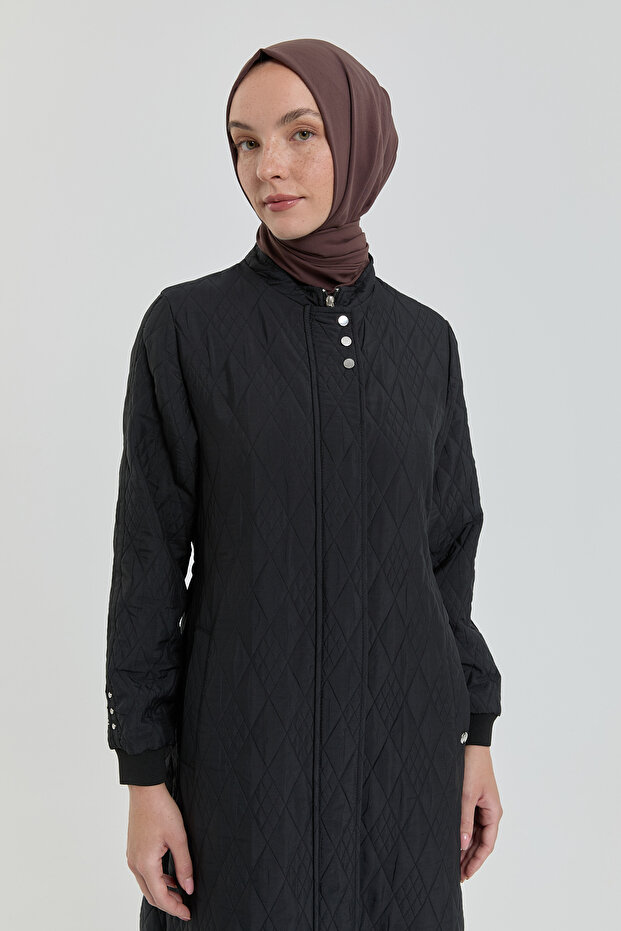 Plus Size Thin Quilted Overcoat - Black - 3