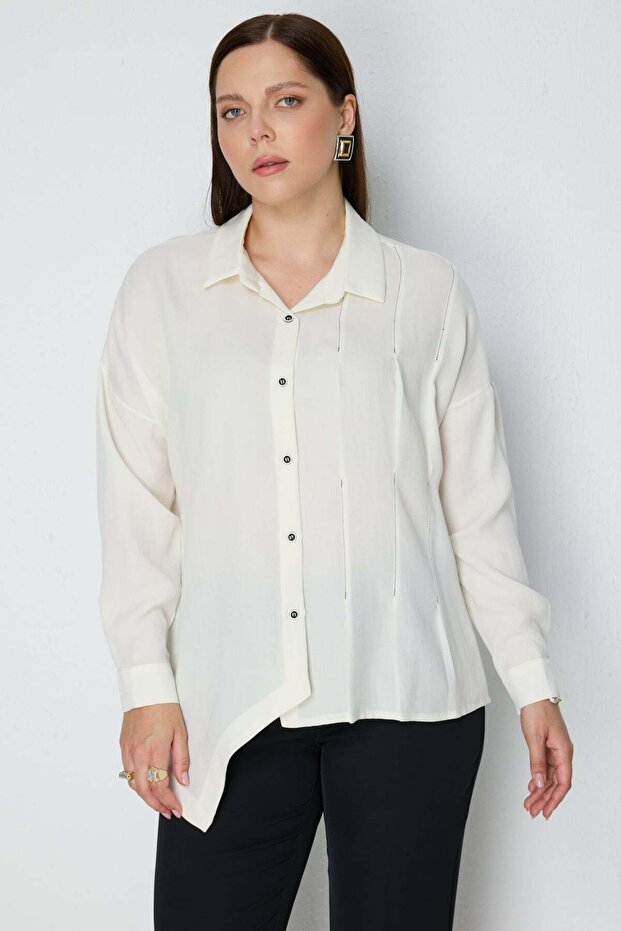 Women's Plus Size Asymmetrical Cut Polo Collar Shirt 2984 Ecru