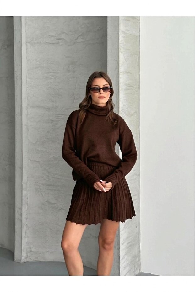 Oversized Turtleneck Sweater with Skirt, Double Knitwear Set