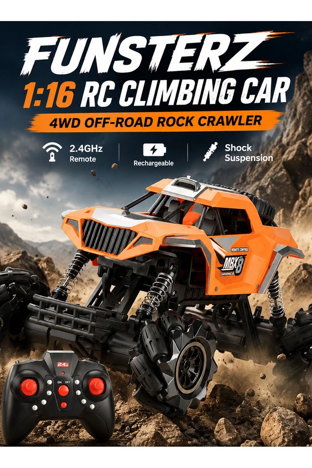 1:16 RC Climbing Car 4WD 2.4GHz Rechargeable Off Road Rock Crawler with Anti Slip Transverse Wheels Shock Suspension All Terrain RC Toy for Kids Boys Girls