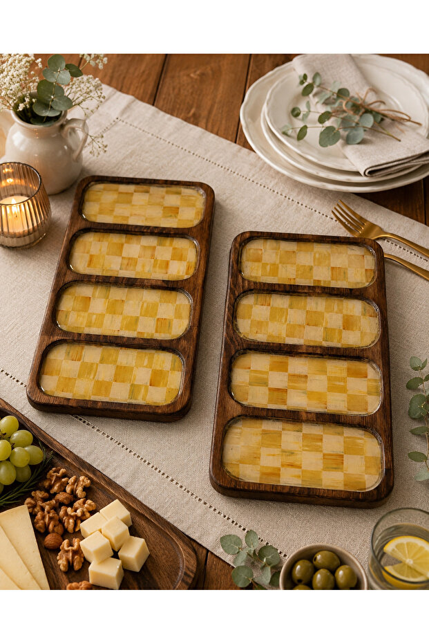 Wooden Checkerboard Pattern 2-Piece Snack Bowl-Coffee-Breakfast-Fruit Presentation Plate