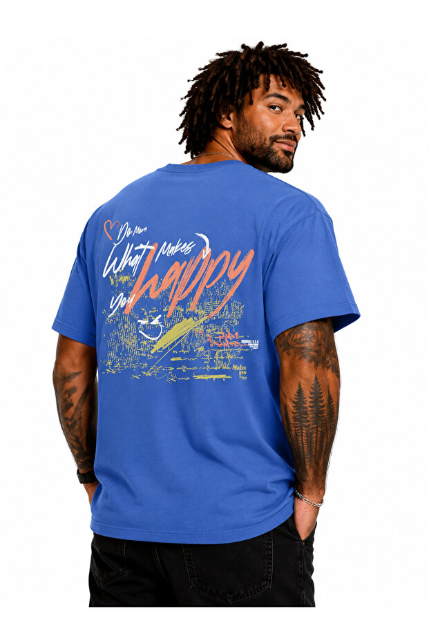 Men's Oversize Crew Neck T-Shirt Happy 26149 Cobalt Blue