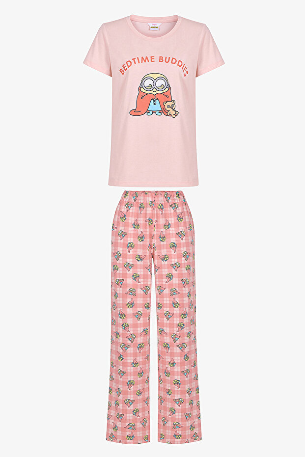 Women's Cotton Lounge Licensed Minions Shorts Sleeve Pajama Set - Light Pink