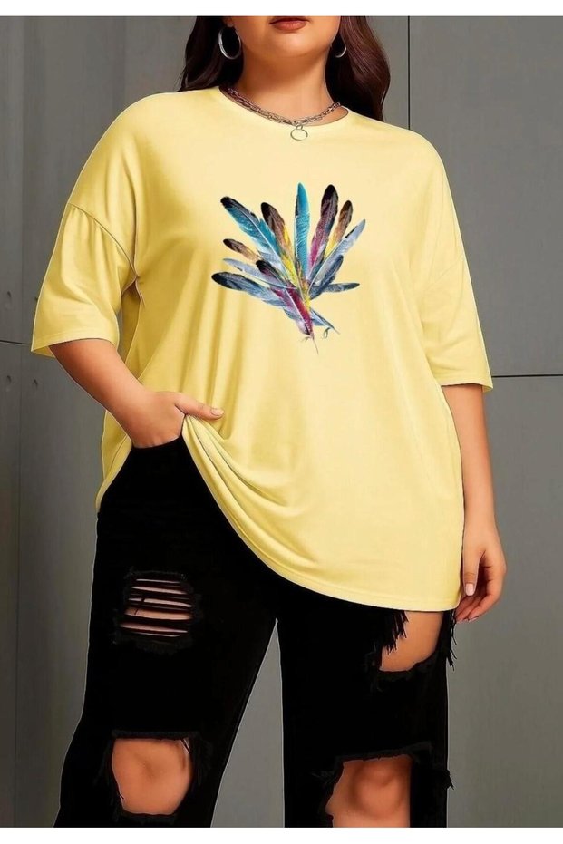 Colorful Feathers Printed 100% Cotton Large Size Oversize Women's T-Shirt