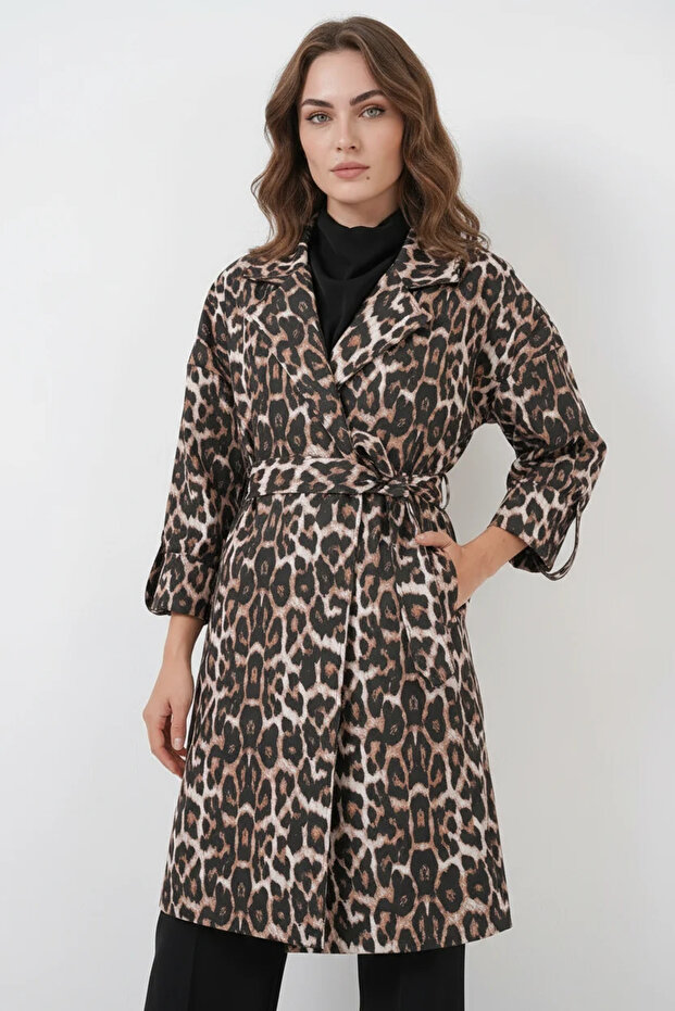 Women's Double-Breasted Collar Belted Leopard Patterned M. Brown Trench Coat
