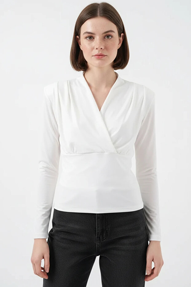 Women's Double-Breasted Collar White Blouse with Shoulder Pads