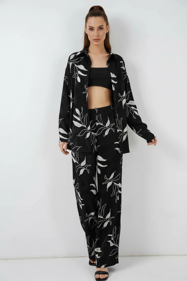 Women's Shirt Collar Floral Patterned Viscose Black Double Set