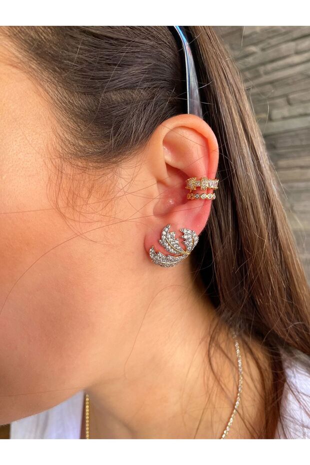 Steel Earrings with Stone Leaf Detail