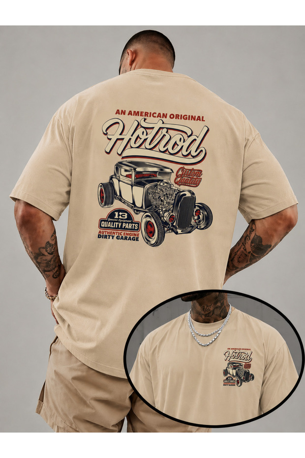 Men's Oversize Classic Hot Rod Car Printed T-Shirt 100% Cotton Streetwear