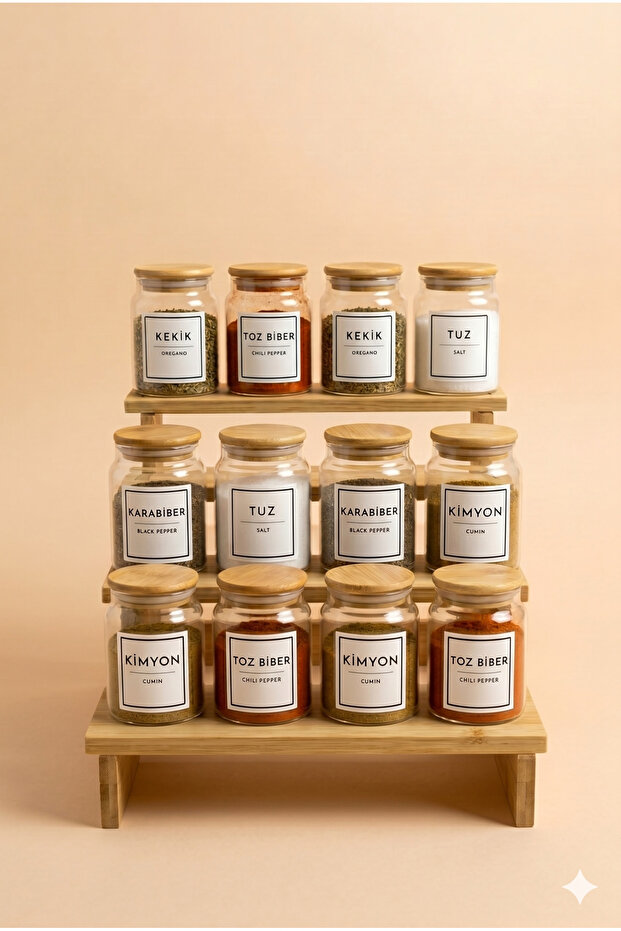 | Lume | 12-Piece Bamboo Vacuum Lid Glass Storage Container Spice Rack Set with Stand 290 Cc