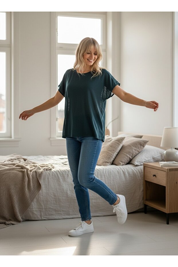 Stylish Dark Emerald Color T-Shirt with Shoulder Detail
