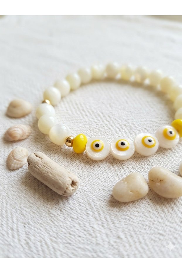 Natural Stone Round Cut Stone and Flat Yellow Evil Eye Beaded Stone Women's Bracelet Gift