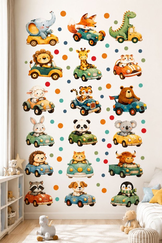 Safari Themed Kids Room Wall Sticker – Cute Animal Cars