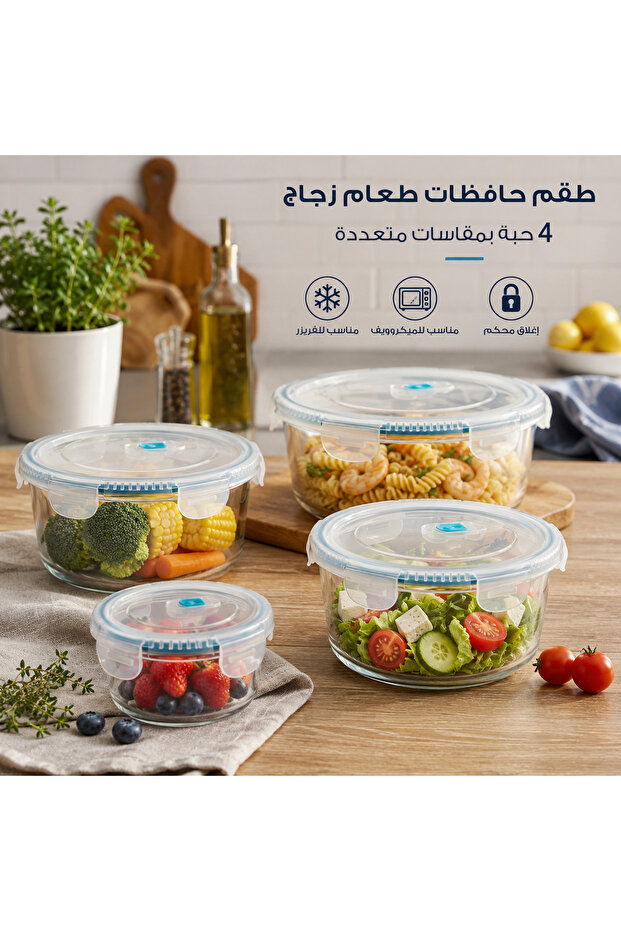 ✨ طقم حافظات طعام زجاج دائري بغطاء محكم الإغلاق – 4 حبات بمقاسات متعددة ✨