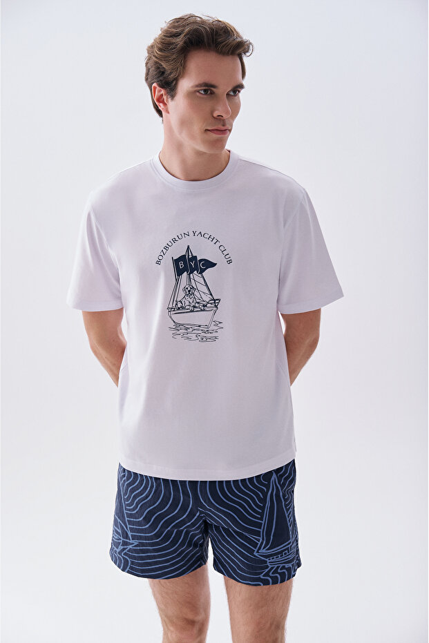 X Bozburun Yc Men's Off-White Printed Crew Neck T-Shirt