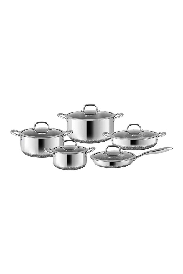 10-Piece Stainless Steel Cookware Set – Capsule Base Pots & Pans with Tempered Glass Lids, Even Heat Distribution Kitchen Cookware Set