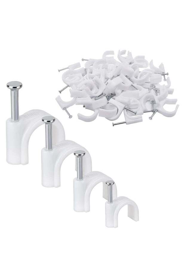 Electrical Cable Wire Round Clips, Steel Nails Tacks Holder for Organizing Electric Wires Cables Lines - White (22mm - 100Pcs)
