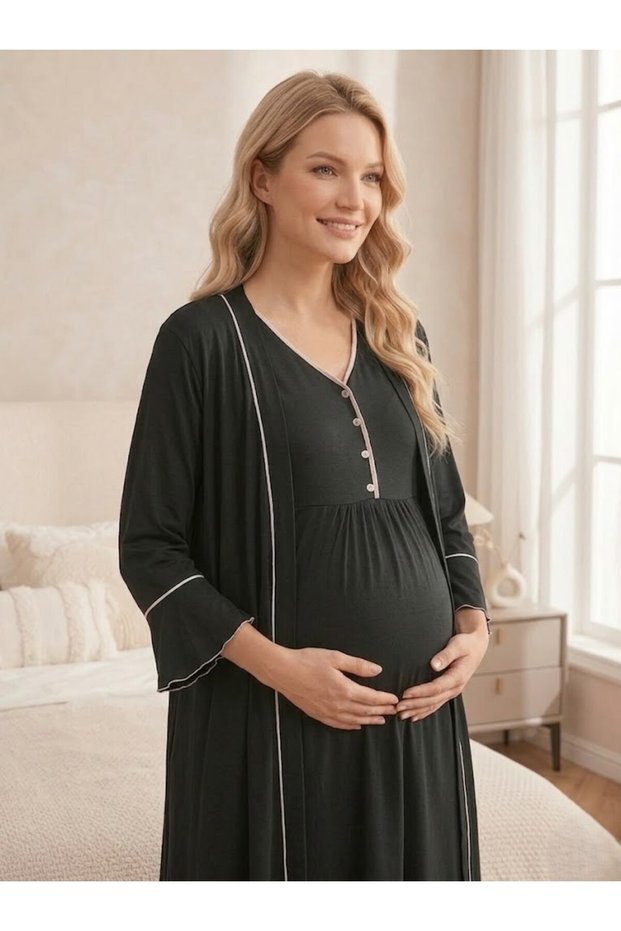 Women's New Season 2-Piece Maternity Nightgown Set with Buttons and Piping