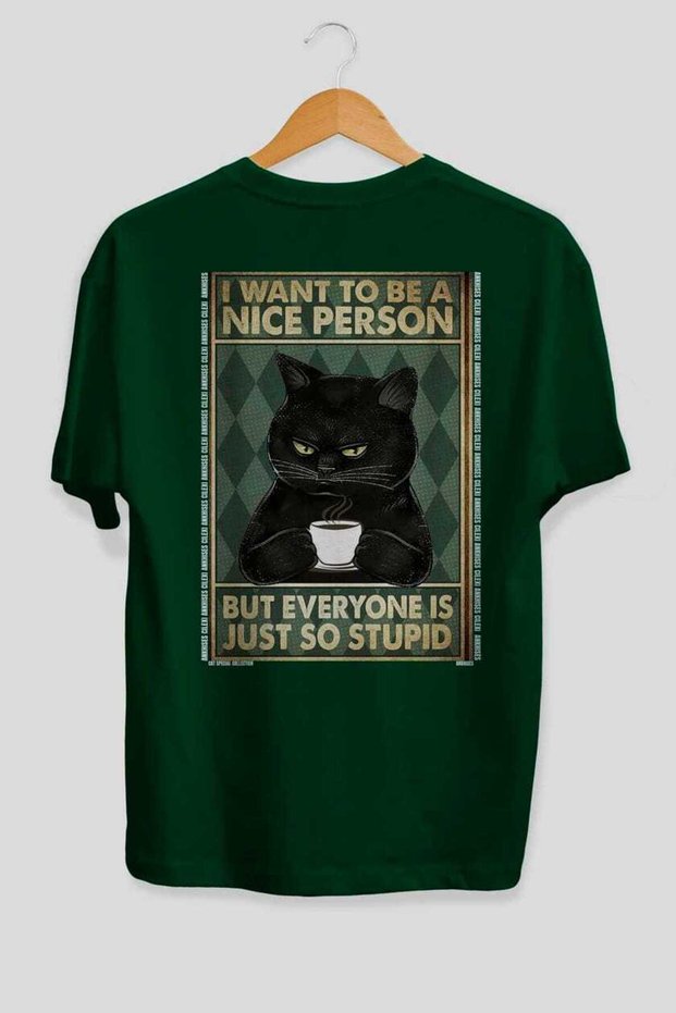 For the Love of Cats 105 Cat Printed Green Oversize T-Shirt 100% Cotton Unisex Cat Lover Premium Design