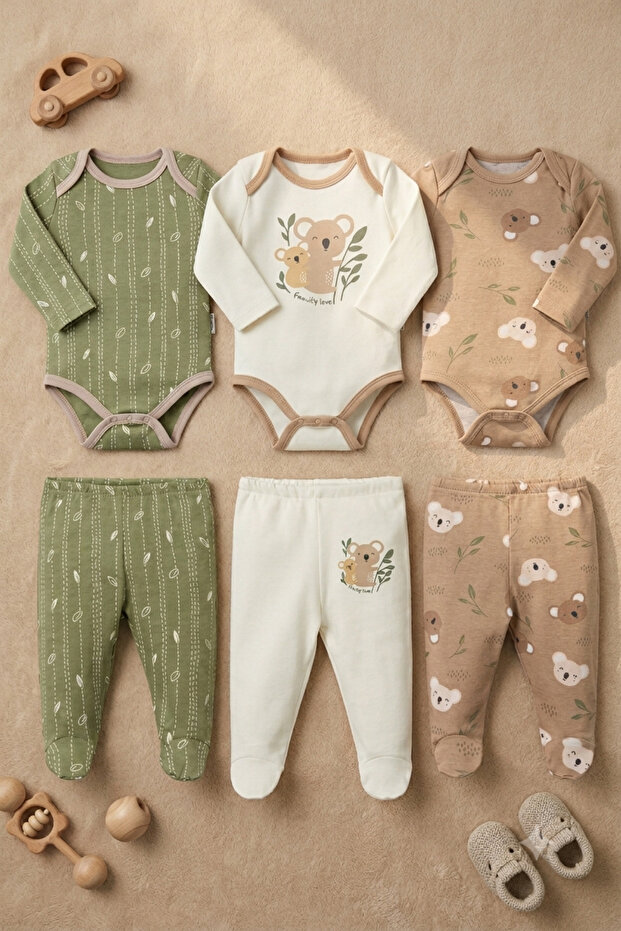 Koala Printed 6 Piece Top and Bottom Set Baby Bodysuit Set